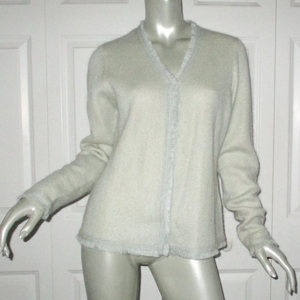 WHITE + WARREN Light Green Mohair Blend Sweater Frayed Details Large